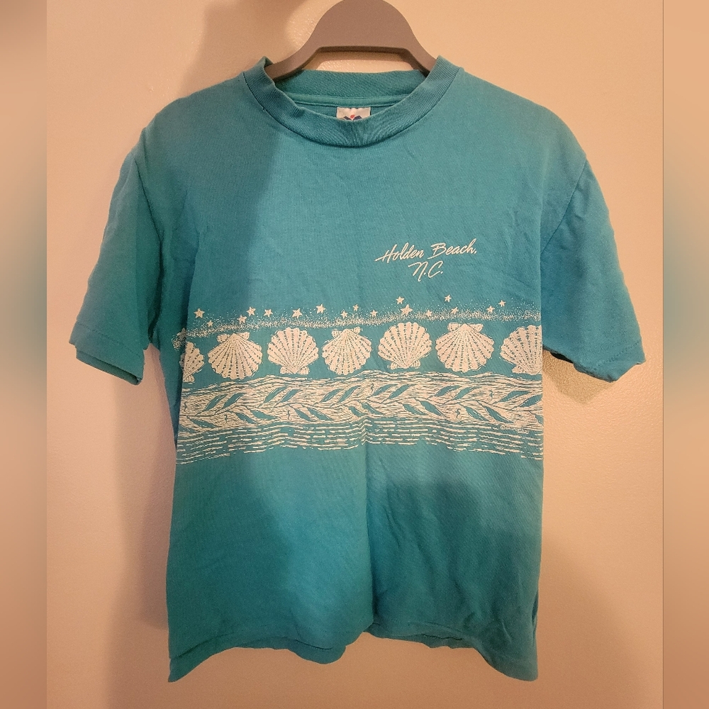 Vintage Made In USA - Blue And White Seashell And Seahorse Shirt - Holden Beach